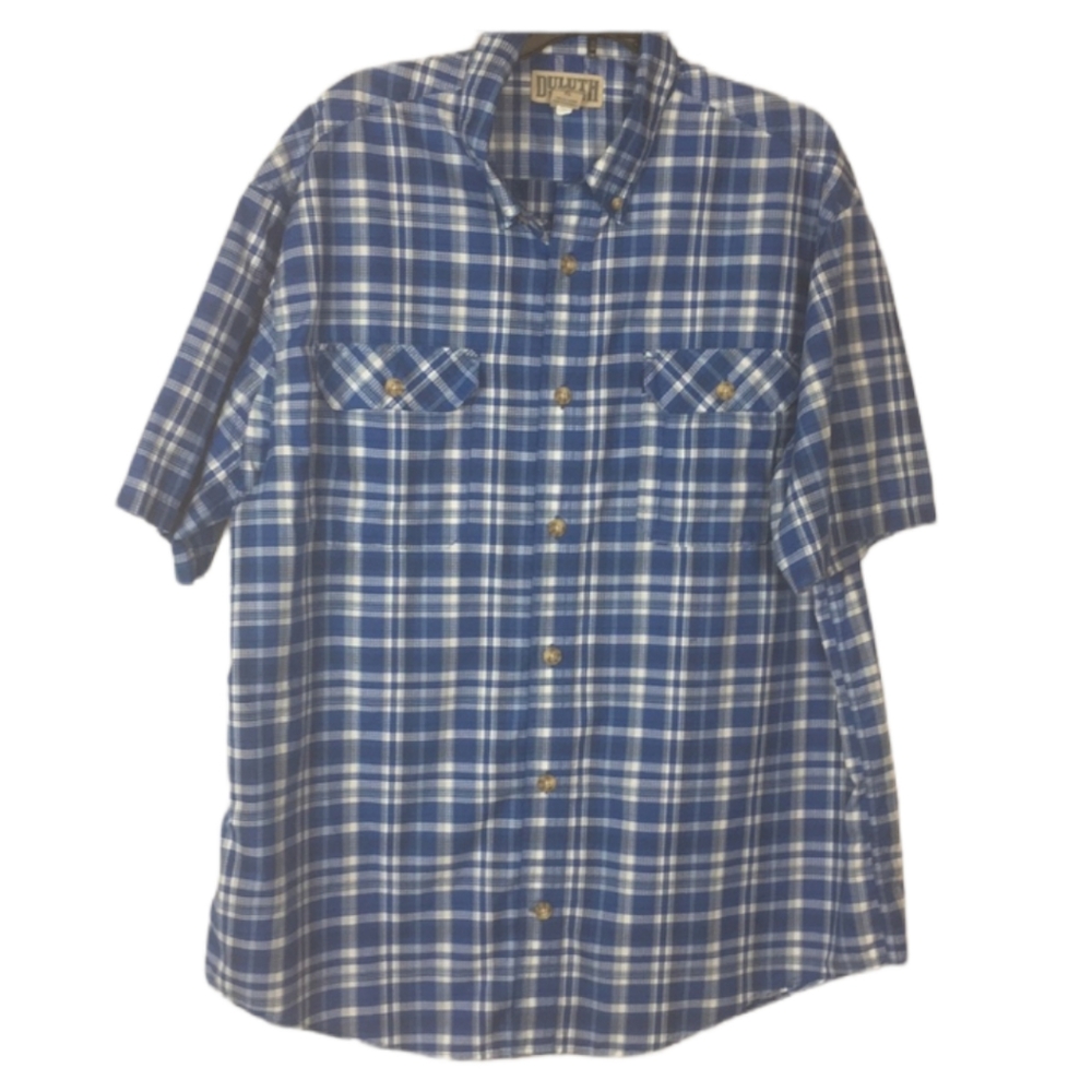 Duluth Trading blue/white plaid short sleeve shirt